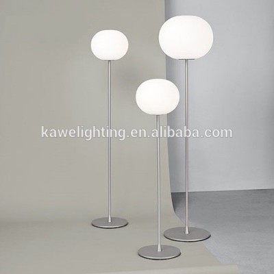 modern floor lamp in polished Satin nickel chrome finish with opal white glass ball